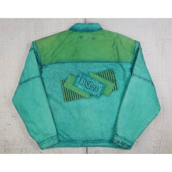 Vintage 90s Major Damage Turquoise Denim Jacket Men’s XL Hong Kong Hip Hop Rave - Picture 2 of 12